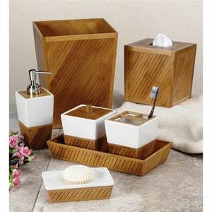 Ensemble d'accessoires de salle de bain en bois, cinq pièces : distributeur de savon carré, porte-brosse à dents, boîte à mouchoirs - Product Image 4