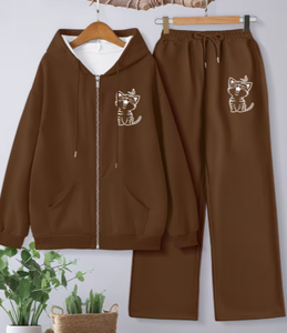 Ensemble de survêtement sportif marron à capuche pour femme avec bande latérale taille haute et poches, longueur genou, coupe régulière, en tricot Spandex/Coton - Product Image 1