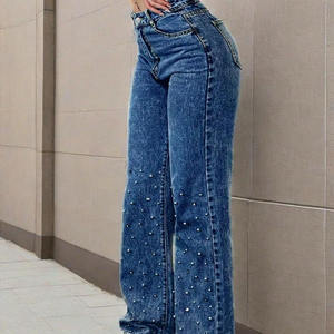 กางเกงยีนส์เดนิมผู้หญิงทรงสกินนี่และขาตรง แต่งมุกหรือประดับด้วยหมุด สไตล์ลำลองแบบดิสเทรส ราคาขายส่ง - Product Image 3