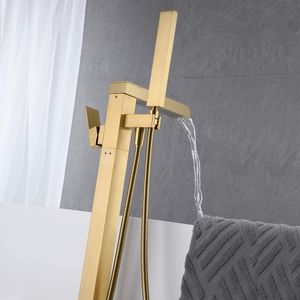 Rubinetto a cascata autoportante per vasca da bagno, montaggio a pavimento, oro spazzolato, con doccetta - Product Image 4