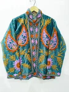 <b>Women</b> Turquoise Embroidered Suzani <b>Jacket</b> With Floral Pattern Full Sleeve Stand Collar Bohemian <b>Women's</b> Winter Outerwear - Product Image 3