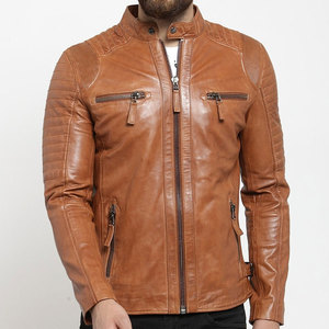 Blouson moto en cuir véritable marron pour homme, col montant, fermeture éclair, coupe ajustée, pour l'automne, style motard - Product Image 1
