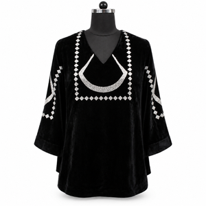 Chemisier de soirée de luxe en velours noir, broderie géométrique, col en V, manches larges, coupe ample |   Tenues de soirée élégantes pour femmes - Product Image 1