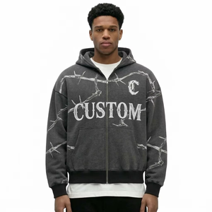 Sweat-shirt à capuche zippé pour homme, gris foncé, imprimé fil de fer barbelé, avec lettres graphiques, style décontracté - Product Image 1