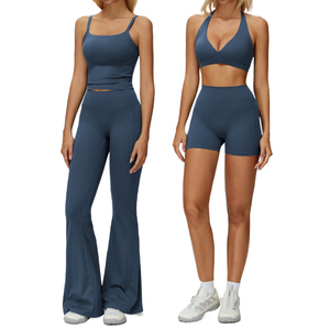 Ensemble de yoga 2 pièces uni brossé respirant pour femme, avec brassière dos nu, débardeur, leggings évasés et shorts, pour la gym, le fitness et l'entraînement, vêtements de sport 2026 - Product Image 1