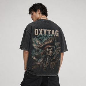 T-shirt surdimensionné vintage délavé à l'acide pour homme, en coton épais, à épaules tombantes, avec imprimé graphique Tête de Pirate, fabriqué sur mesure - Product Image 3