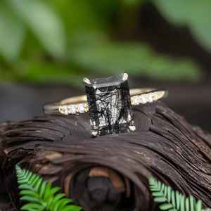 Bague en rutile noir naturel, taille émeraude, argent sterling 925 plaqué or 14 carats, bague de mariage vintage unique - Product Image 4