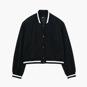 Women's <b>Black</b> Short Varsity <b>Jacket</b> Full Sleeve Stand Collar Button Closure Sporty Casual Outerwear Solid Color Contrast Trim - Product Image 1