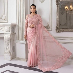 Sari en soie bleu marine élégant avec bordure brodée pour les occasions de mariage, sari indien et pakistanais pour femmes, longueur au sol - Product Image 3
