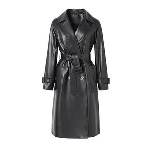 Manteau long en cuir véritable noir avec ceinture, col rabattu, manches longues, imperméable, coupe-vent, élégant, automne/hiver, pour femmes - Product Image 1