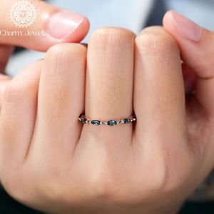 Charm_Jewells Rose Gold Eternity <b>Band</b> <b>Ring</b> with Cushion Cut Blue Moissanite Prong Setting Women's Classic Engagement <b>Ring</b> - Product Image 2