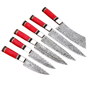 Juego de 6 Cuchillos de Chef de Acero de Damasco Hechos a Mano con Mangos de Madera Roja, Cuchillos Profesionales para Cocina, para Cortar y Picar - Product Image 2