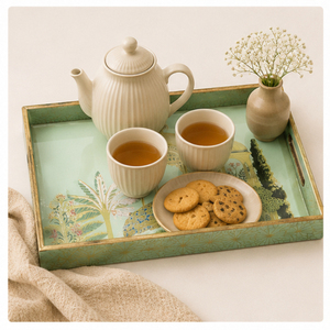 Ensemble de 3 plateaux de service en bois artisanaux de luxe, style Mughal, avec motifs traditionnels de paon et de palais, décoratifs et imbriqués - Product Image 2