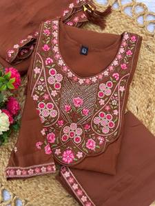 Conjunto de Kurti Anarkali Tradicional de Algodón Marrón para Mujer, Bordado Floral, Pantalones Palazzo Elásticos de Secado Rápido para Uso Casual - Product Image 5
