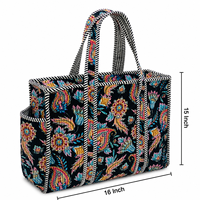 Sac fourre-tout promotionnel en tissu imprimé floral, forme carrée 16x15 pouces, avec doubles poignées et fermeture éclair, idéal pour le shopping