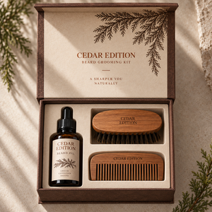Kit de soin de la barbe en cèdre personnalisé, boîte d'emballage magnétique de style livre - Product Image 2