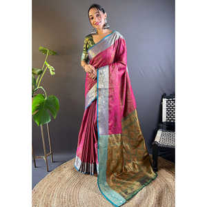 Sari en soie cachemire rose doux Elite Weaves, tissé Zari, réversible, séchage rapide, pour vêtements indiens et pakistanais toutes saisons - Product Image 3