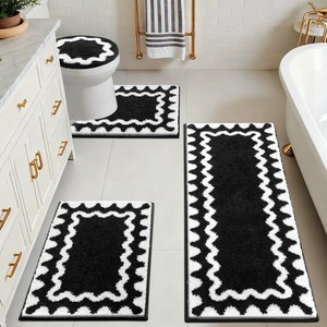 Modern Geometric Cotton Bath <b>Mat</b> <b>Set</b> 3-Piece Rectangle Non-Slip Rubber Backed Thick Tufted Black White Home Use - Product Image 1