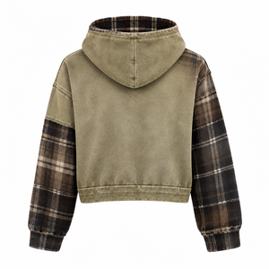 Sweat à capuche vintage délavé pour homme, manches patchwork à carreaux, coupe courte, streetwear, haute qualité, logo personnalisé - Product Image 2