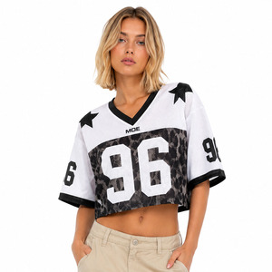 Maillot de football américain court pour femme, style Y2K, imprimé léopard, maille, logo personnalisé, vente en gros, streetwear, mode estivale - Product Image 1