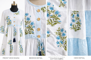 Boho Floral Print Cotton Kali Dress for Women - Long Sleeve Ethnic Midi with Tassels & Jaipuri Hand Block Panel Work Designs - Product Image 5
