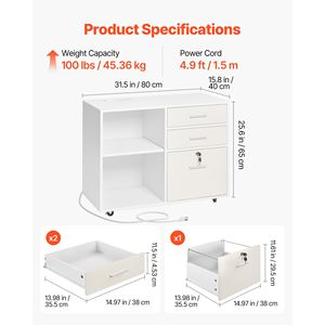 Armadietto Mobile in Legno con 3 Cassetti e Ripiani Regolabili, Archivio con Ruote e Striscia LED, Chiudibile a Chiave - Product Image 5