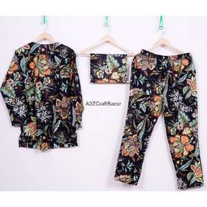 Ensemble de pyjama pour femme à manches trois-quarts, col en V, imprimé floral romantique, fait main, luxe, taille élastique, 100% coton, respirant, séchage rapide - Product Image 6