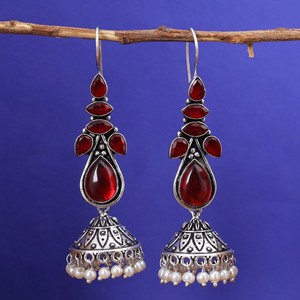 Wholesale <b>Oxidized</b> Silver Red Gemstone Bollywood Jhumka Earrings Bulk Supplier Direct Factory Manufacturer - Product Image 2
