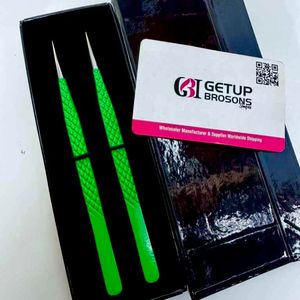 GETUP BROSONS IMPEX Slim Long Green Stainless Steel Eyelash Tweezers Precision Tool <b>Box</b> Packaging - Product Image 6
