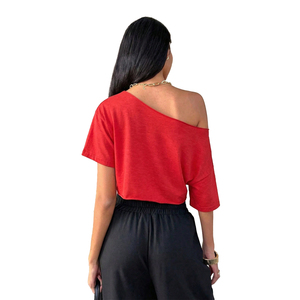 Camiseta Corta Asimétrica con Hombros Descubiertos, Manga Corta, para Mujer, Algodón Suave, Acabado Plano, Personalización DTF, Marca Minimalista - Product Image 2