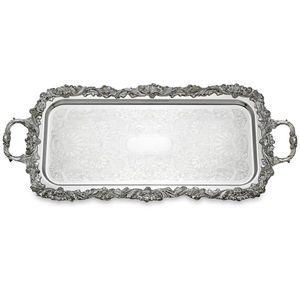 Plateau de service rectangulaire en métal poli fait main avec poignées ornées à motif solide, design élégant pour usage résidentiel - Product Image 3