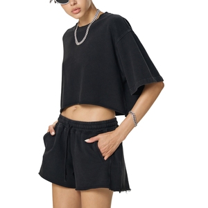 Custom <b>Black</b> <b>Crop</b> <b>Top</b> <b>Shorts</b> Set Heavyweight Cotton Oversized <b>Short</b> <b>Sleeve</b> Two Piece Lounge set - Product Image 5