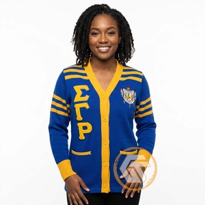 GREEK TREASURES Customized Sigma Gamma Rho Acrylic Embroidered Appliques Covered Button Front V-neck Full Sleeve <b>Women's</b> Winter - Product Image 3