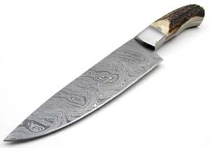 Cuchillo de chef de cocina de acero de Damasco personalizado al por mayor con mango de asta de ciervo de espiga completa y refuerzo de acero - Product Image 2