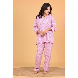 Ensemble de pyjama pour femmes en crêpe de polyester imprimé floral bohème, vêtements de détente décontractés d'été, doux, respirants, confortables, manches longues - Product Image 2
