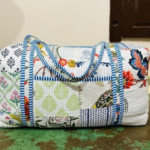Hand Block Printed Cotton Duffle Luggage <b>Bag</b> Travel Floral Weekend Eco-Friendly Large Capacity Durable Zip Closure Portable - Product Image 4