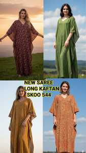 New Ladies Traditional Floral Printed V-neck <b>Kaftan</b> Dress Style Silk Floor-Length Saree Lace Zipper Button Summer Night Wear - Product Image 6