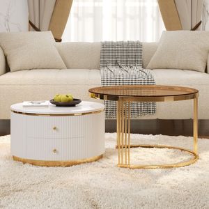 Tavolino da Caffè Moderno Rotondo a 2 Pezzi con Piano in Vetro Temperato Marrone e Cassetti, 27,6 Pollici - Product Image 1
