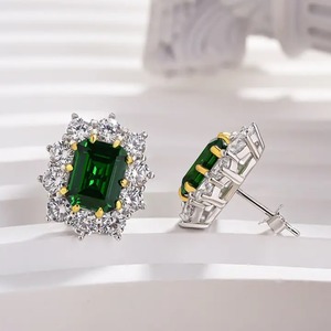 925 Moissanite Diamond Vintage Flower Design <b>Emerald</b> Cut <b>Emerald</b> Green Earrings In Sterling Silver White Gold Plated for Women's - Product Image 2