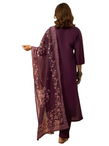Ensemble Salwar Kameez en soie romaine violette traditionnelle pour femmes, pantalon Kurta long jusqu'aux chevilles, tenue décontractée, style Inde Pakistan - Product Image 4