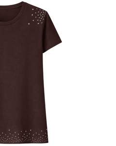 Camiseta de Algodón para Mujer, Color Marrón Oscuro, con Pedrería, Estilo Casual, Manga Corta, Verano, Moda, Logotipo Personalizado, Fabricante OEM, Venta al Por Mayor - Product Image 2