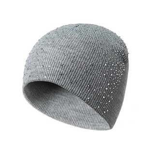 Unisex Beanie Hat With Rhinestone Decoration Gray Solid Color <b>Winter</b> <b>Cap</b> Casual Style 56-58CM Head Circumference - Product Image 3