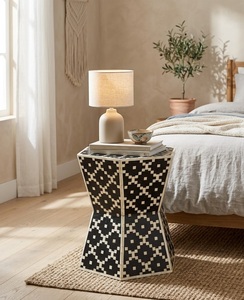 Mesa de Noche Moderna de Madera Maciza con Incrustaciones de Hueso Negro, con 1 Cajón, para Dormitorio, Sala de Estar, Muebles para el Hogar - Product Image 3
