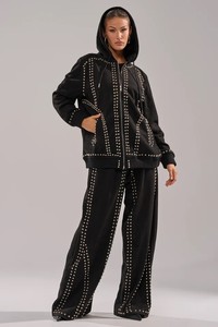 Women Black Hooded <b>Eco</b>-friendly Lightweight Tracksuit Set Full Sleeve Zipper Closure Loose Fit Rhinestone <b>Dot</b> Pattern Streetwear - Product Image 3