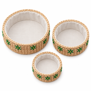 Ensemble de 3 paniers de rangement ronds en jacinthe d'eau, écologiques, modernes, personnalisables, avec doublure en tissu et broderie florale verte, vente en gros - Product Image 2