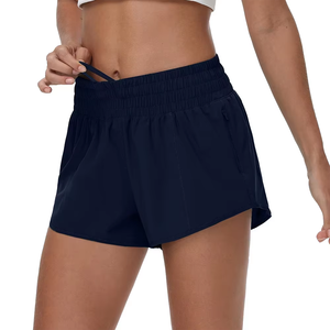 Shorts tricotés pour femmes, taille mi-haute, couleur unie, avec poches, fermeture à cordon, coupe décontractée, respirants, pour l'entraînement - Product Image 6