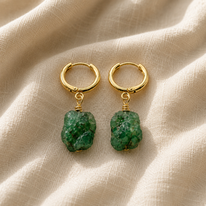 Handmade Raw Emerald Hoop <b>Earrings</b> | Natural Rough Gemstone | Green Crystal Jewelry - Product Image 1