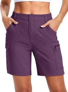 Short cargo gris pour femme, taille haute, fermeture boutonnée, séchage rapide, coupe sportive avec poches, style classique, couleur unie, tissu tricoté - Product Image 4