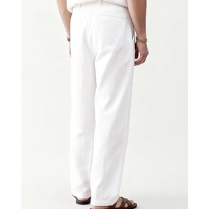 Pantalon d'été décontracté pour homme en lin tissé léger, taille mi-haute, uni, à braguette boutonnée, coupe ample, plissé, pour la plage et les sorties BD - Product Image 3