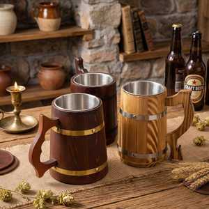 Jarra de Madera Hecha a Mano, Jarra de Cerveza de 600 ml, Jarra de Acero Inoxidable, Regalo para Padrinos de Boda, Estilo Vikingo, Regalo para el Padrino, Taza para Beber - Product Image 6